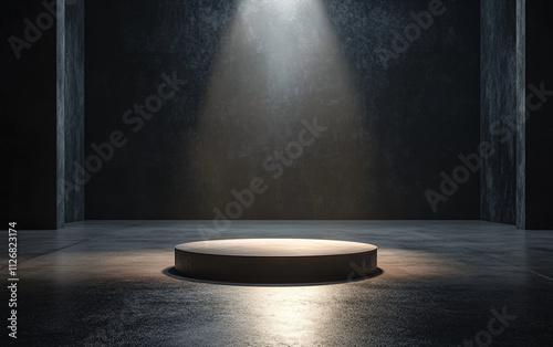 dramatic spotlight illuminates circular platform in dark garage, creating mysterious atmosphere