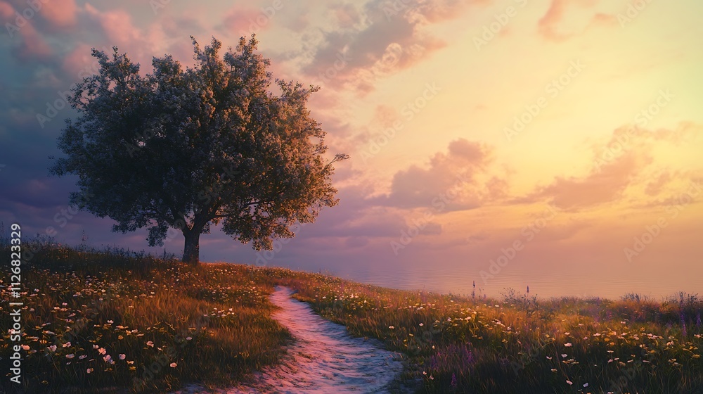 A serene landscape featuring a tree, flowers, and a winding path under a colorful sky. A serene landscape featuring a tree, flowers, and a winding path under a colorful sky.
