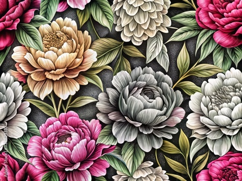 Black & White Peony Floral Botanical Engraved Art  Pattern - Elegant Ink Drawing