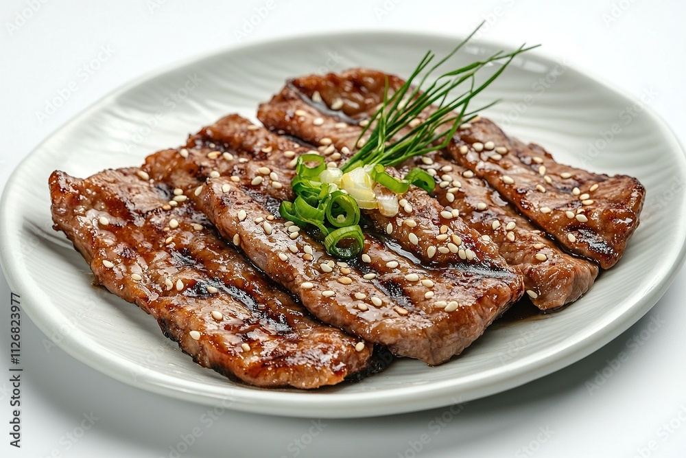 Grilled Korean galbi (short ribs) served on a white plate, glistening glaze, garnished with sesame seeds and green onions. Grilled Korean galbi (short ribs) served on a white plate, glistening glaze, garnished with sesame seeds and green onions.