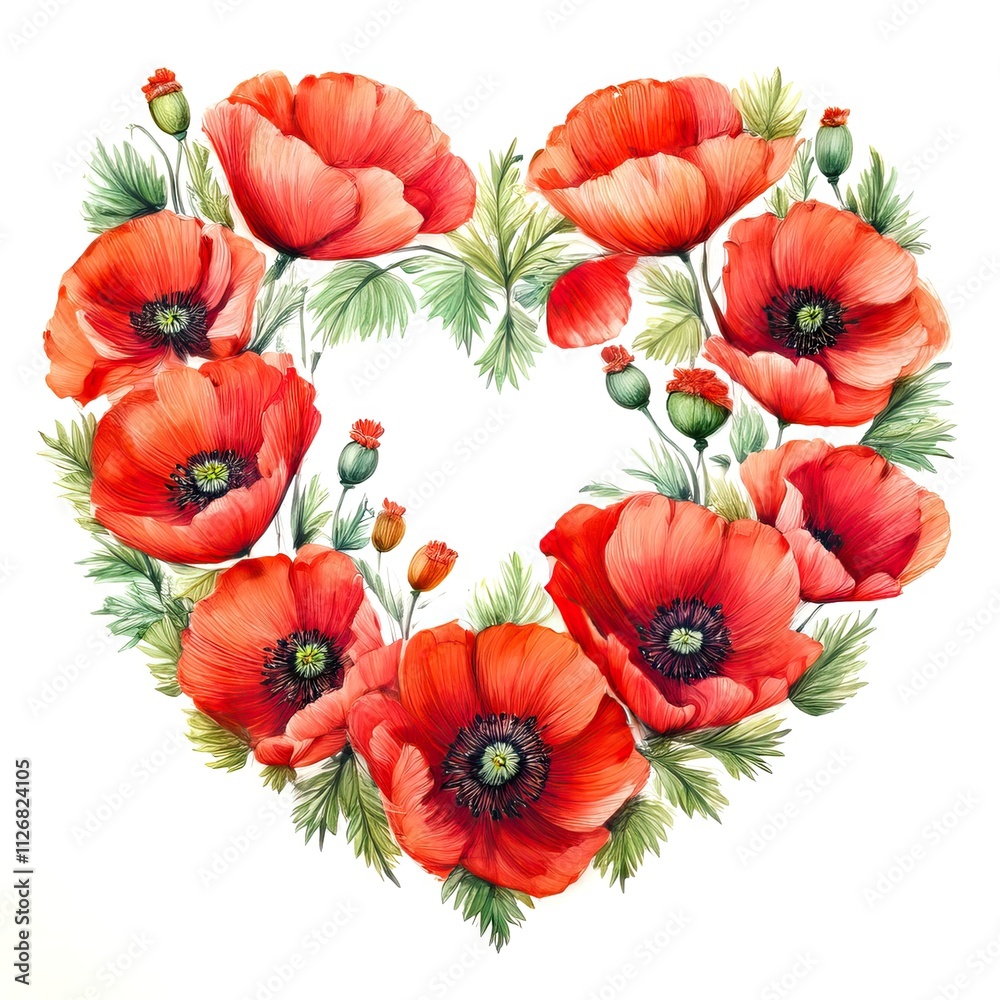 Obraz premium Vibrant heart-shaped wreath of red poppies painted with delicate watercolour techniques