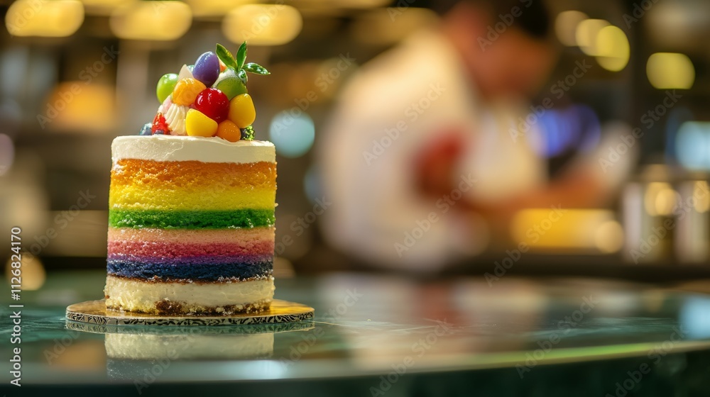 Colorful Rainbow Cake on Modern Countertop with Gradient Background Colorful Rainbow Cake on Modern Countertop with Gradient Background