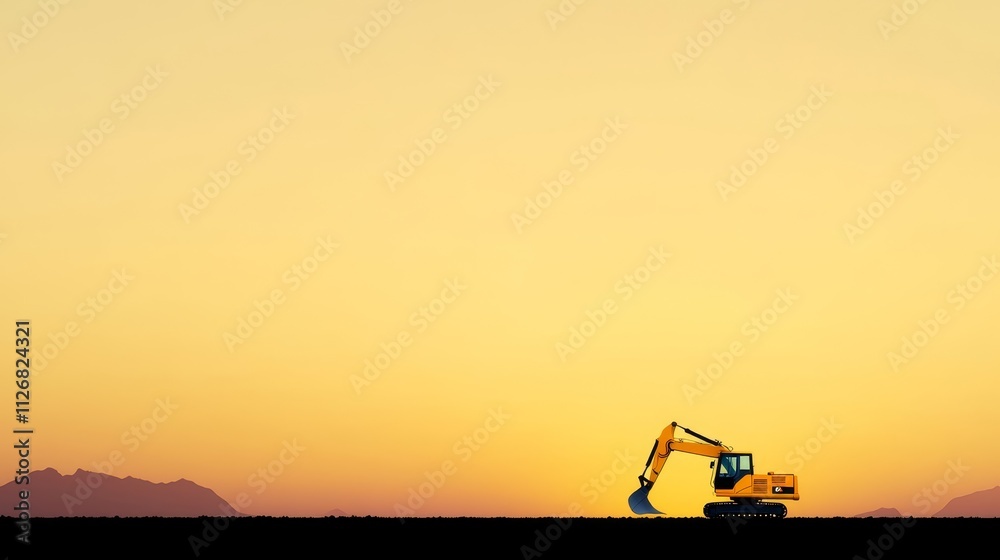 Excavator in Silhouette at Sunset with Mountains in Background, Showcasing Construction Equipment Against Golden Sky, Perfect for Industrial and Landscape Themes Excavator in Silhouette at Sunset with Mountains in Background, Showcasing Construction Equipment Against Golden Sky, Perfect for Industrial and Landscape Themes