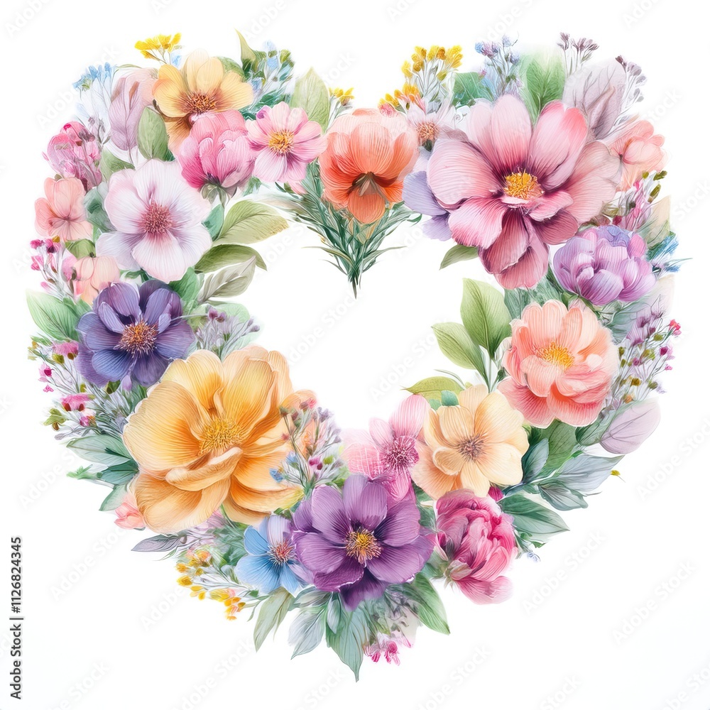 Obraz premium Vibrant heart-shaped wreath adorned with colorful flowers representing love and beauty