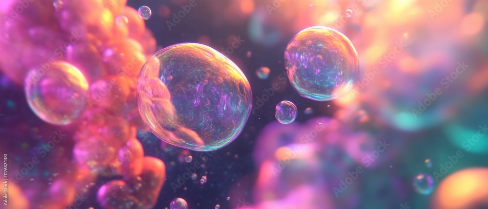 Vibrant Abstract Bubbles Floating in Colorful Liquid, Macro Photography Vibrant Abstract Bubbles Floating in Colorful Liquid, Macro Photography