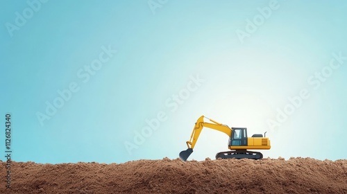 Excavator Working on Construction Site for Earthmoving Projects Against a Blue Sky Background with Minimalist Design and Focus on Machinery Operation