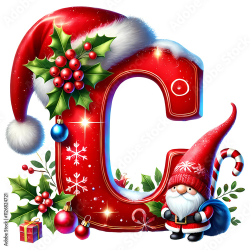 Festive Christmas Letter C with Holiday Decorations, Santa Hat, and Gnome PNG