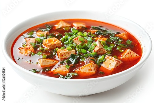 Sundubu-jjigae (soft tofu stew) in a white bowl, vibrant red broth with tofu and vegetables, garnished with green onions.