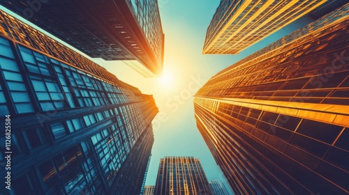 High-rise buildings reaching for the sky as the sun sets in a vibrant urban skyline photo