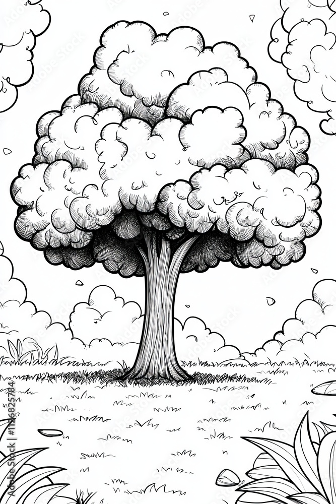 Naklejka premium A whimsical black and white drawing of a fluffy tree in a grassy field under a cloudy sky.