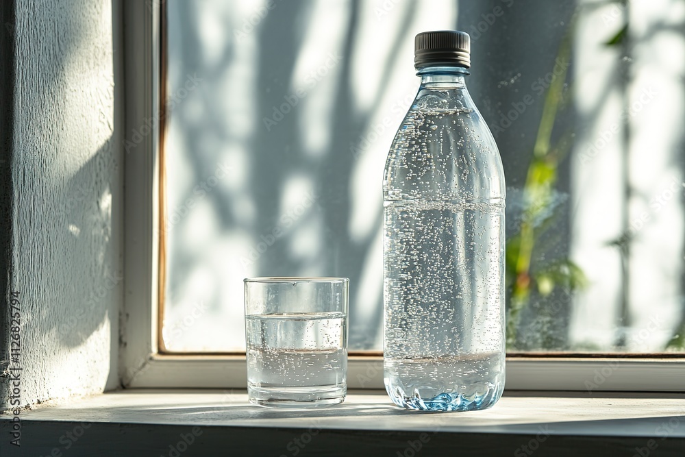 water bottle and single glass sit on sunny windowsill condensation gleaming in soft sunlight with ample copy space water bottle and single glass sit on sunny windowsill condensation gleaming in soft sunlight with ample copy space