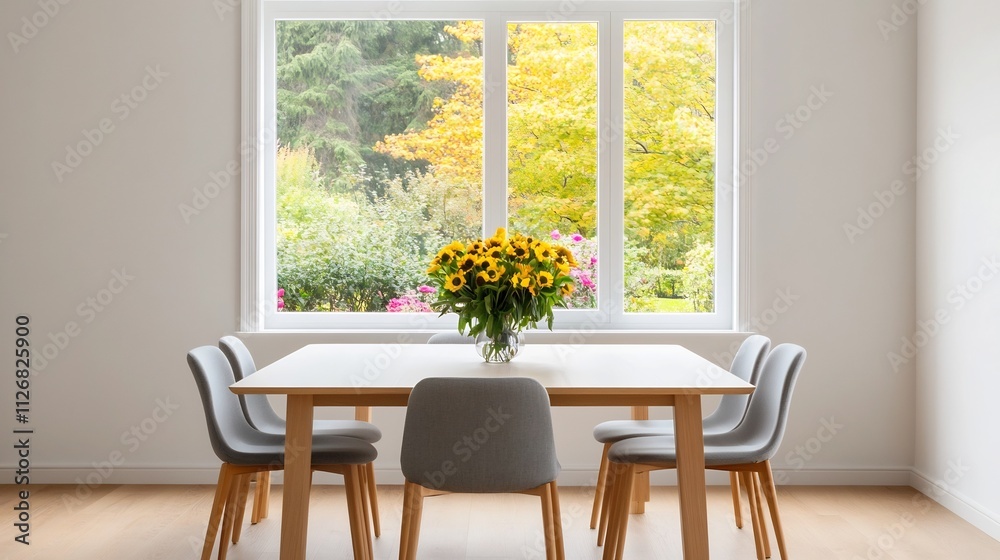Bright and Airy Dining Room with Vibrant Outdoor Garden View and Modern Furniture Bright and Airy Dining Room with Vibrant Outdoor Garden View and Modern Furniture