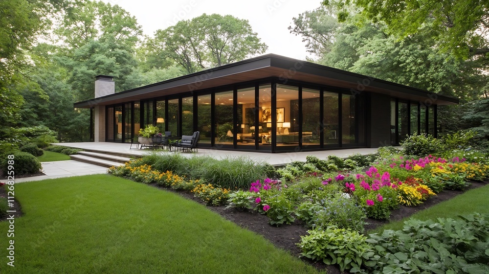 Contemporary Glass-Walled Home Nestled in Vibrant Flower Garden Oasis Contemporary Glass-Walled Home Nestled in Vibrant Flower Garden Oasis