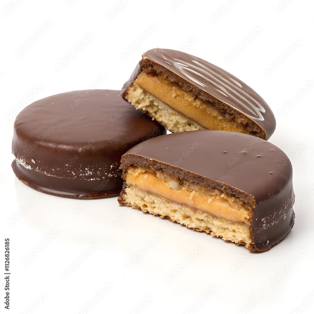 Two alfajores coated in a glossy chocolate layer, with one cut open to reveal dulce de leche filling. Displayed flat on a white background Two alfajores coated in a glossy chocolate layer, with one cut open to reveal dulce de leche filling. Displayed flat on a white background