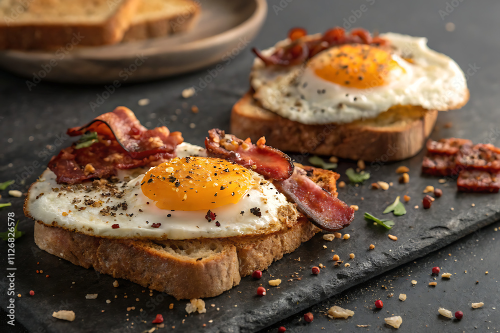 crispy bacon and fried eggs on toasted bread breakfast. crispy bacon and fried eggs on toasted bread breakfast.