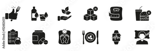 Healthy Living and Nutrition Silhouette Icon Set, Featuring Diet, Hydration, and Wellness Glyph Symbols. Exercise and Weight Management Pictogram. Isolated Vector Illustration