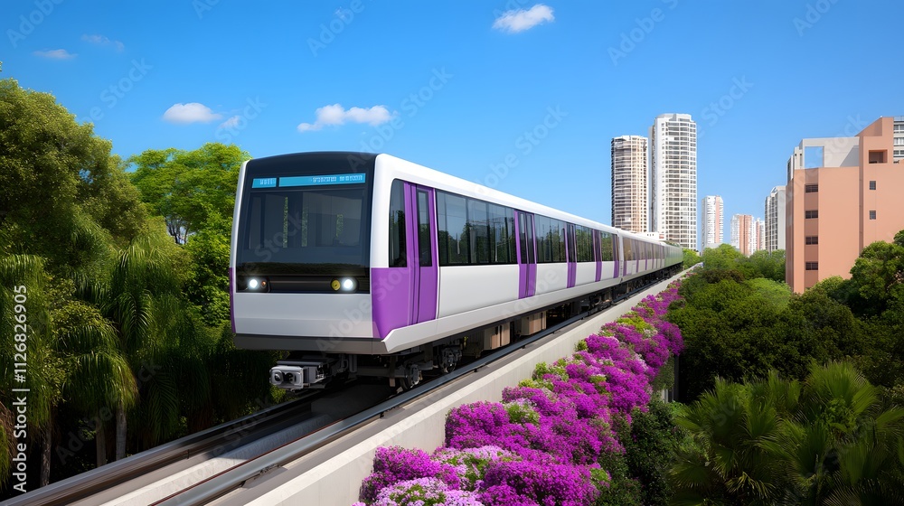 Naklejka premium Modern Elevated Train Transit System in City with Lush Greenery