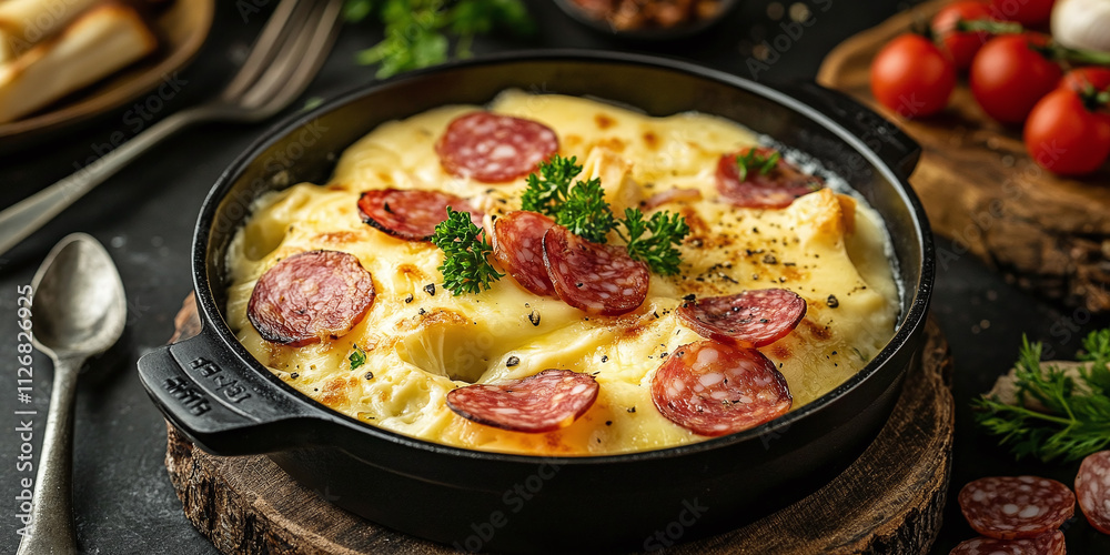 Delicious traditional Swiss melted raclette cheese served in individual skillets, paired with savory salami and crispy bacon, creating a cozy and flavorful winter meal. Delicious traditional Swiss melted raclette cheese served in individual skillets, paired with savory salami and crispy bacon, creating a cozy and flavorful winter meal.