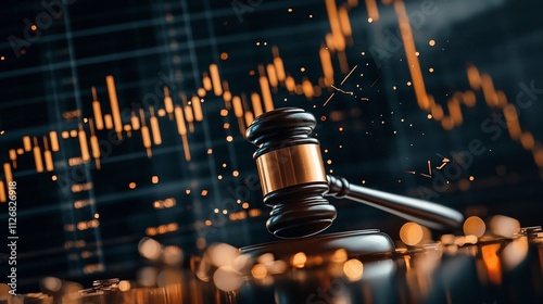 Massive Gavel Forcefully Smashing Through Exchange Symbols Symbolizing Regulatory Oversight and Crackdown on Financial Markets