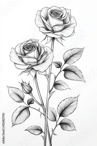 Elegant Pencil Sketch of Two Roses and Buds