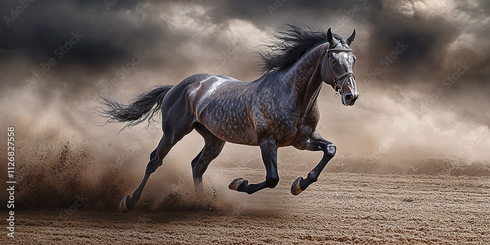 A dynamic horse racing scene featuring a powerful gallop on a dirt track, capturing the intensity and energy of the competition against a scenic outdoor backdrop.