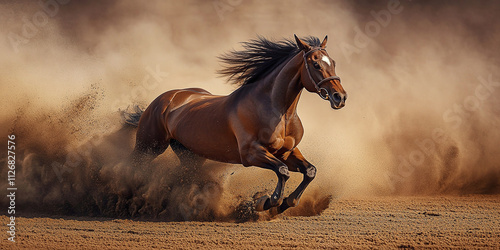 A dynamic horse racing scene featuring a powerful gallop on a dirt track, capturing the intensity and energy of the competition against a scenic outdoor backdrop.