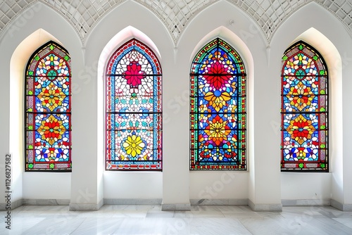 A set of Gothic Style stained glass window in cool tones, warm tones and black and white outline.