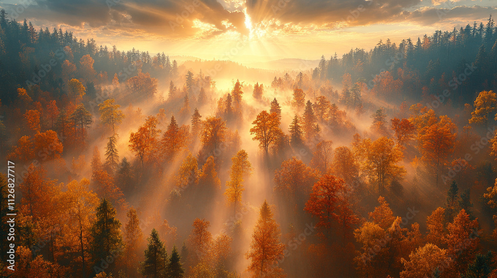 Fototapeta premium Aerial view of a dense autumn forest blanketed by fog, creating a serene and mystical atmosphere. The vibrant foliage of red, orange, and gold symbolizes transformation, renewal, and the beauty of cha