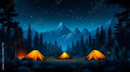 Wallpaper Mural Nighttime Camping Scene Illuminated Tents Mountain View Torontodigital.ca