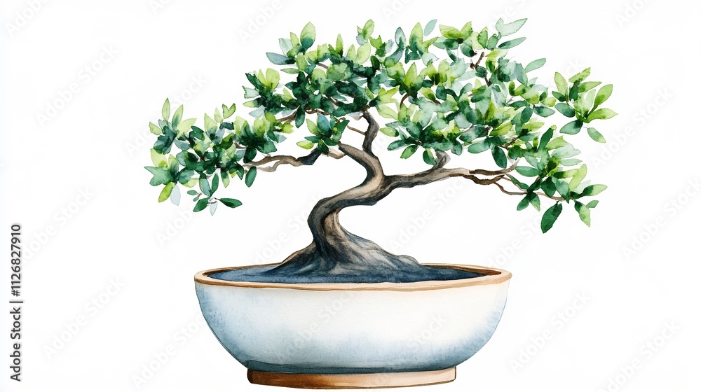 Watercolor Bonsai Tree in Ceramic Pot on White Background