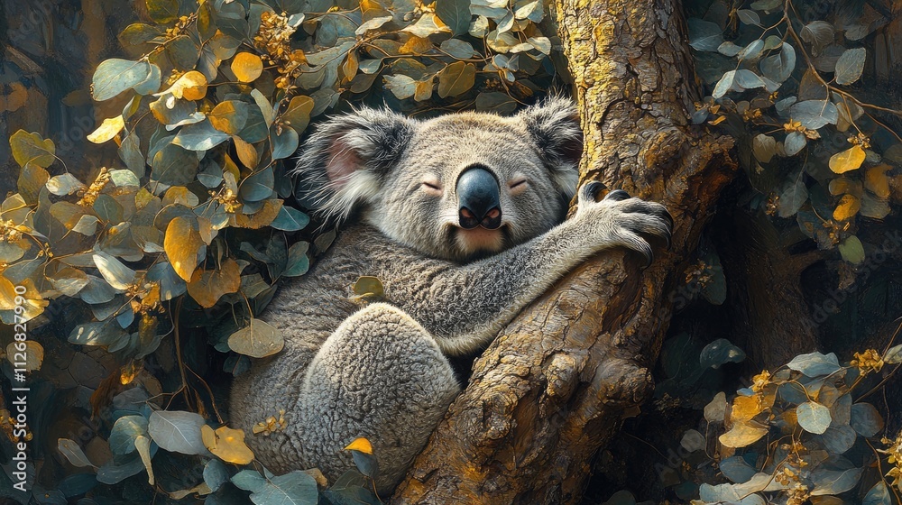 A koala peacefully clings to a tree among lush green leaves.