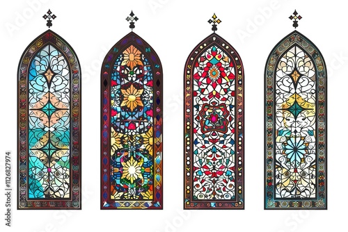 A set of Gothic Style stained glass window in cool tones, warm tones and black and white outline.