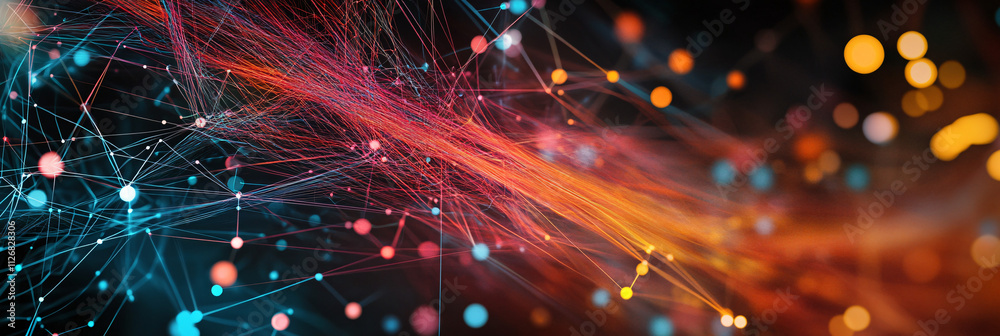 Obraz premium Abstract lines and dots forming a complex digital circuit, representing technology and connectivity.