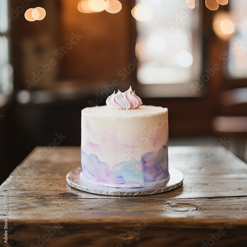 Delicate Watercolor Icing on Single-Tier Cake Displayed on Rustic Table with Blurred Artistic Background photo