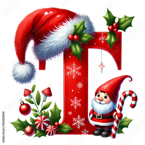 Festive Christmas Letter T with Holiday Decorations, Santa Hat, and Gnome PNG