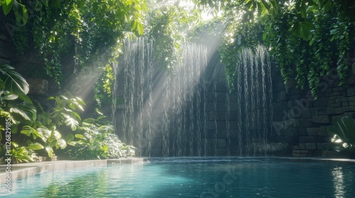 Serenity of a secluded pool surrounded by lush greenery and cascading waterfalls in a tranquil setting