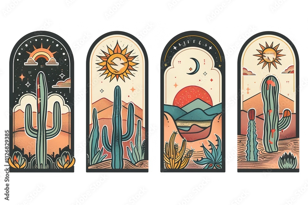 Obraz premium Set of abstract prints with desert and ocean landscapes . Contemporary wall decor. Vector illustration. 