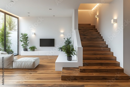 A living room with a wooden staircase and a television photo