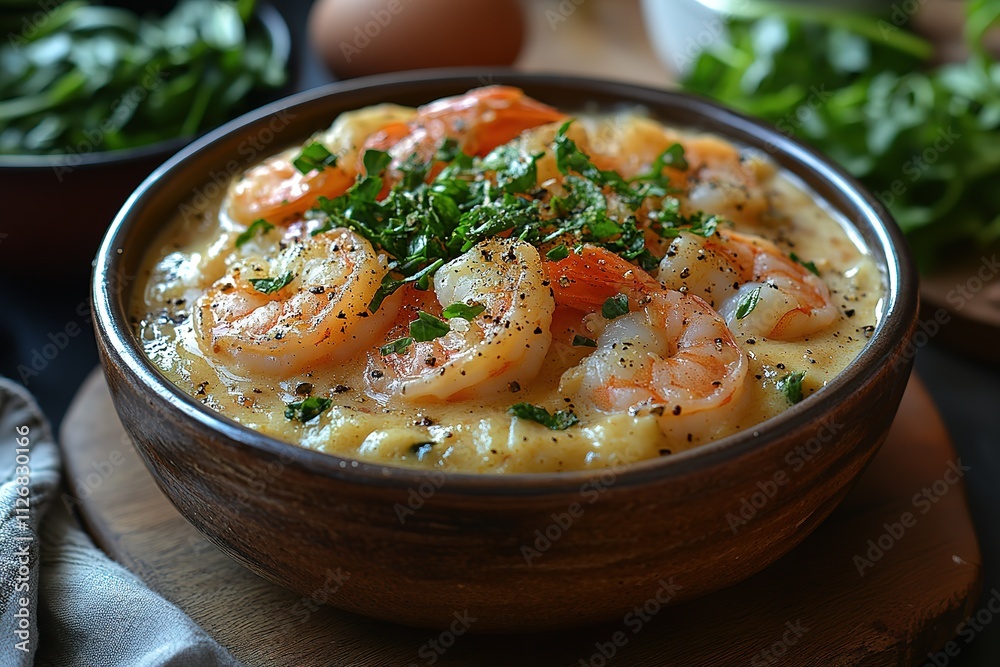 A bowl of shrimp and parsley soup sits on a wooden table A bowl of shrimp and parsley soup sits on a wooden table
