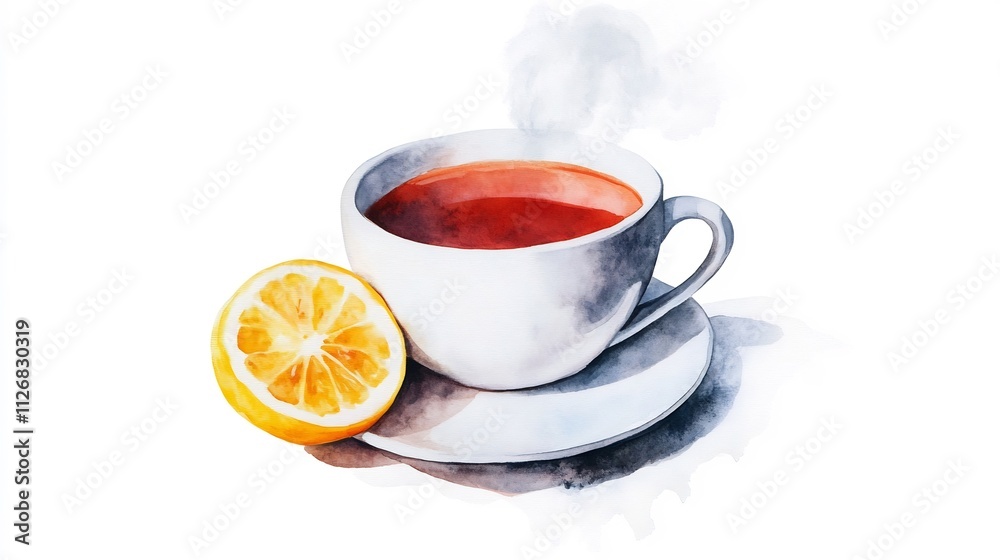 Watercolor Painting of Steaming Cup of Tea with Lemon Slice on White Background Watercolor Painting of Steaming Cup of Tea with Lemon Slice on White Background