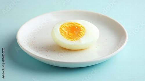 Boiled egg on a white plate on a pastel blue background