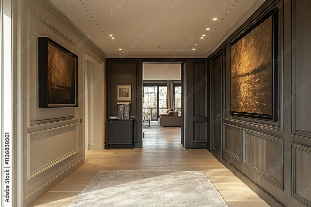 A hallway with a large painting on the wall and a rug on the floor A hallway with a large painting on the wall and a rug on the floor