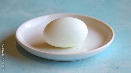 Boiled egg on a white plate on a pastel blue background