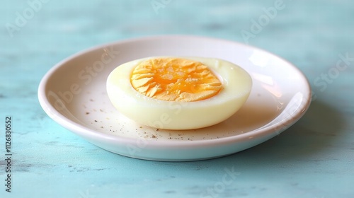 Boiled egg on a white plate on a pastel blue background