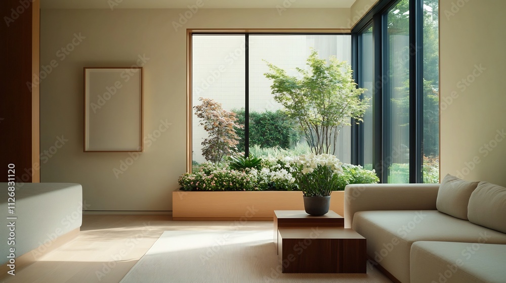Fototapeta premium Minimalist Modern Home with Lush Indoor Flower Garden and Natural Light