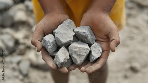 Individual Holding Several Stones in Hands Near Large Rocks in Natural Environment with Soft Earth Background Showing Nature's Raw Textures and Colors photo