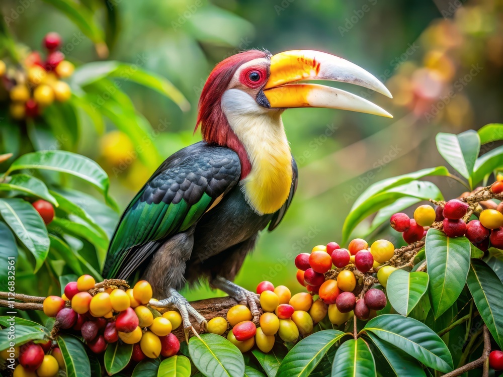 Obraz premium Khao Yai National Park Long Exposure: Bar-pouched Wreathed Hornbill Feeding