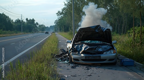 Abandoned Vehicle with Open Hood on the Side of the Road Surrounded by Overgrown Grass and Smoke Emitting from the Engine in a Scenic Landscape photo