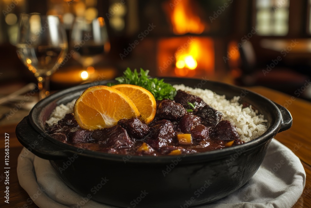 Traditional Brazilian Feijoada with Rice and Orange Slices Traditional Brazilian Feijoada with Rice and Orange Slices