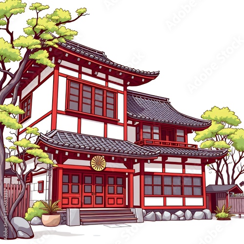 illustration of a traditional japanese house with a tree in front. photo